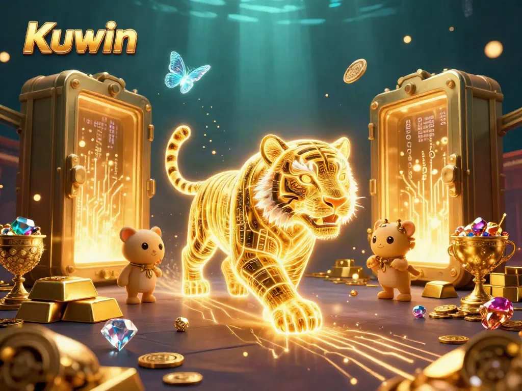 Kuwin features a vibrant neon cartoon tiger in a dynamic casino scene with gold treasures.