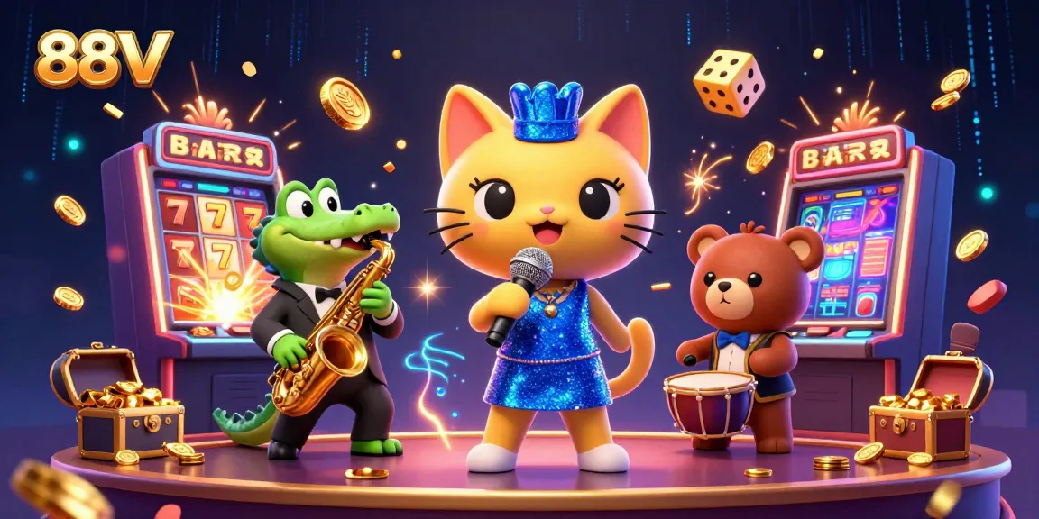 Experience thrilling gameplay at 88VV casino with dynamic characters and jackpot elements in a vibrant setting.