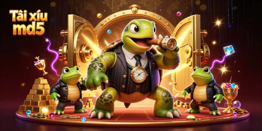 Engaging scene of Tài xỉu md5 with a turtle mobster and bullfrog enforcers amidst treasures.
