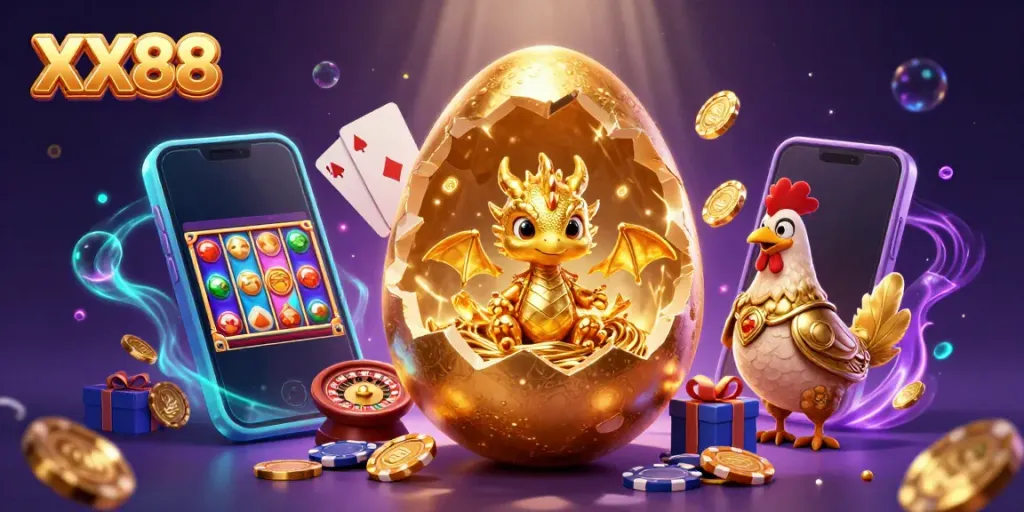 Spin and win with the golden dragon and poker chips in the vibrant XX88 casino scene.