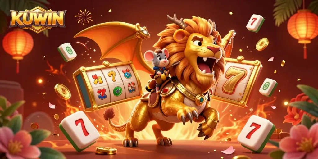 Engage with KUWIN's vibrant casino world showcasing a golden chimera and slot reels.