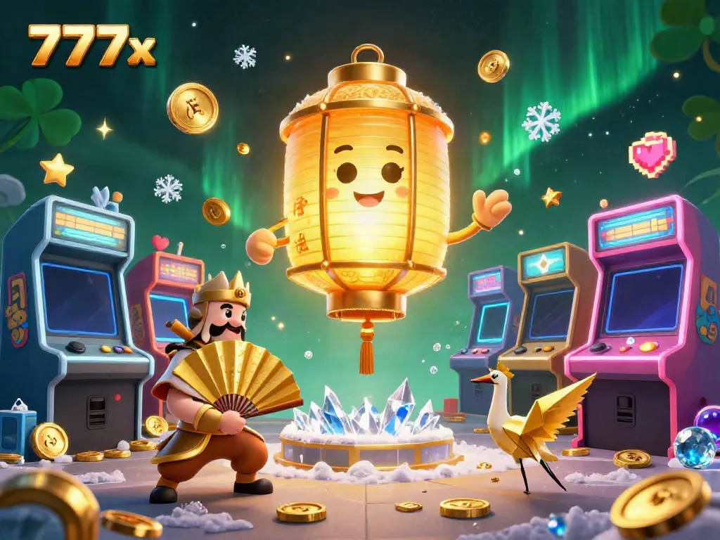 Experience an exhilarating gaming scene with 777x's giant lantern spirit amidst vibrant casino elements.