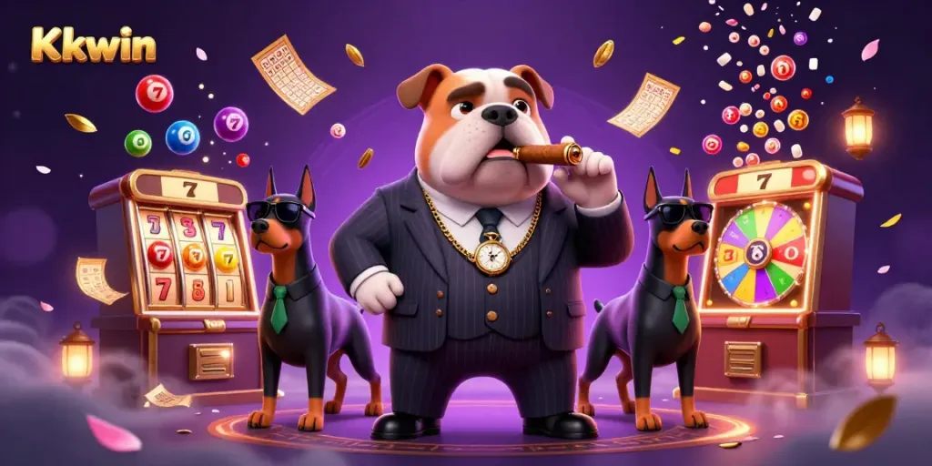 Kkwin casino illustration showcasing a mafia bulldog surrounded by colorful slot elements and jackpot features.