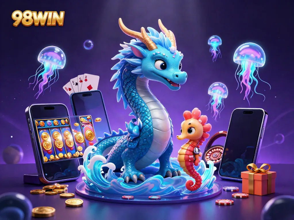 Experience the captivating world of 98WIN with a vibrant underwater casino scene featuring unique creatures and slot games.