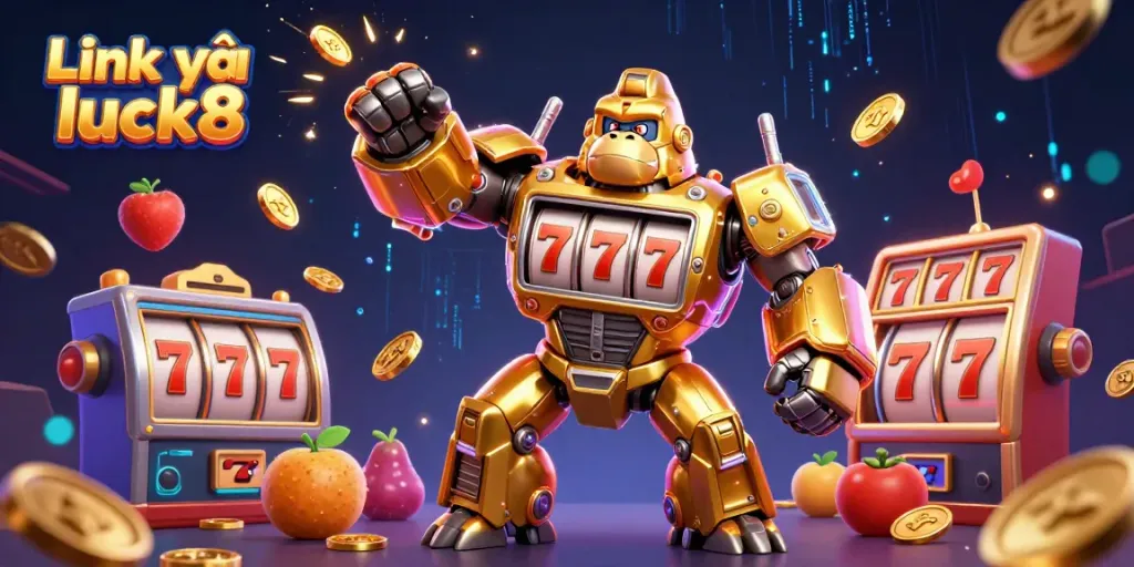 Experience thrilling gameplay as you engage with the features of Link vào luck8, highlighted by an ultra-detailed golden gorilla mech and dynamic casino elements.