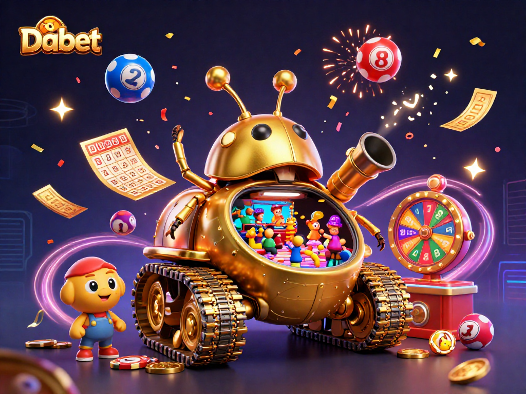 Dabet brings excitement with a 3D cartoon casino tank celebration featuring confetti and prizes.