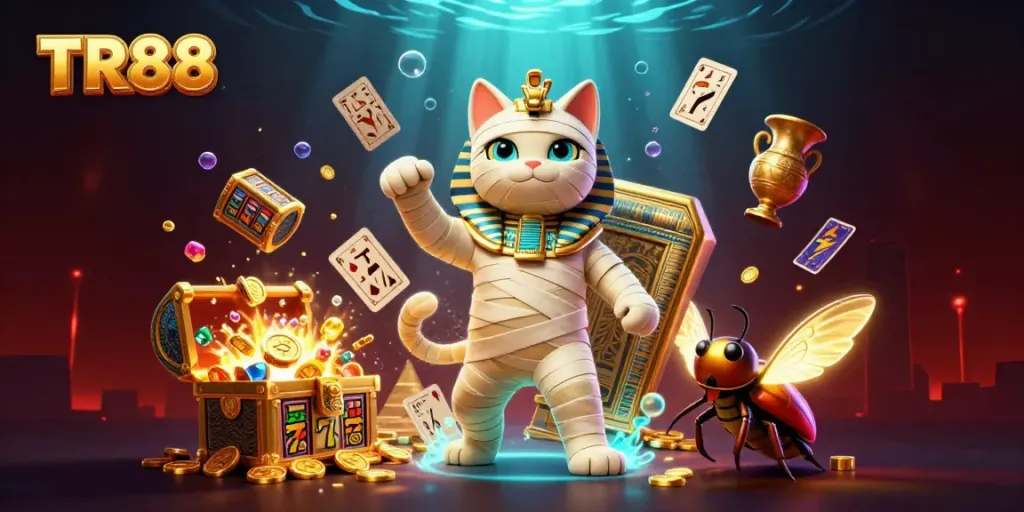 Experience the excitement of TR88 with an Egyptian mummy cat and scarab beetle in a vibrant casino scene.