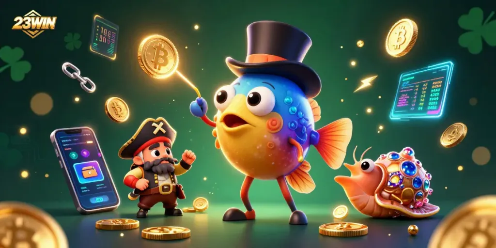 Engage with thrilling wins at 23WIN as the anglerfish attracts golden coins amidst a vibrant casino scene.