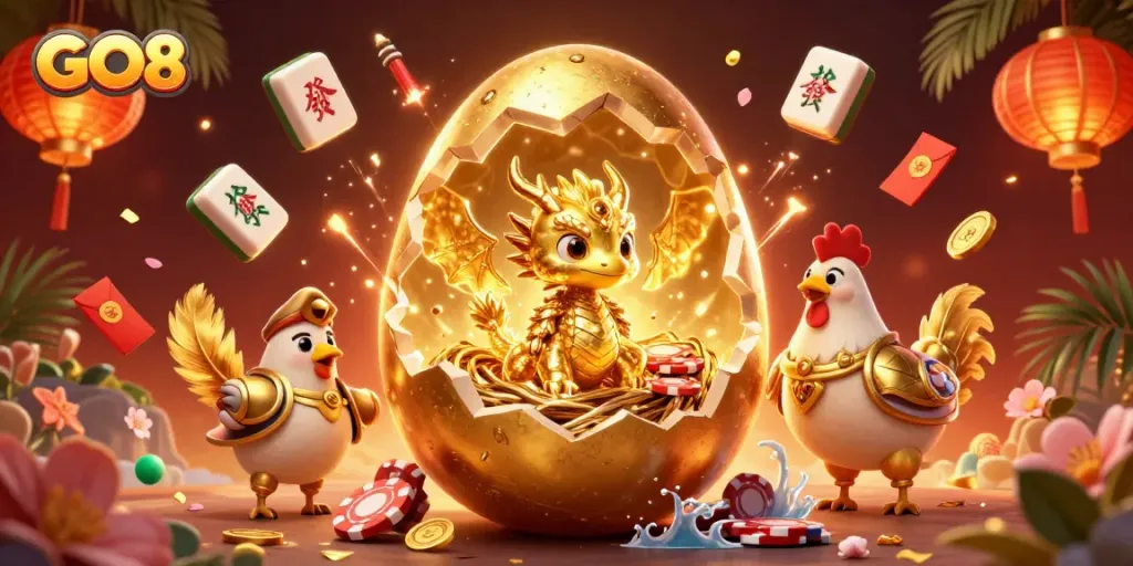 Engage in exciting casino adventures with GO8-themed golden dragon and poker chips