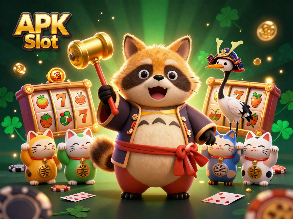 Engage with the thrilling APK Slot experience featuring a cheerful tanuki and lucky symbols.