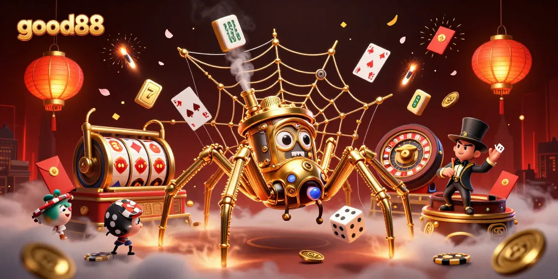 Engage in thrilling games at good88 with a vibrant 3D casino illustration showcasing steampunk characters and dynamic gaming elements.