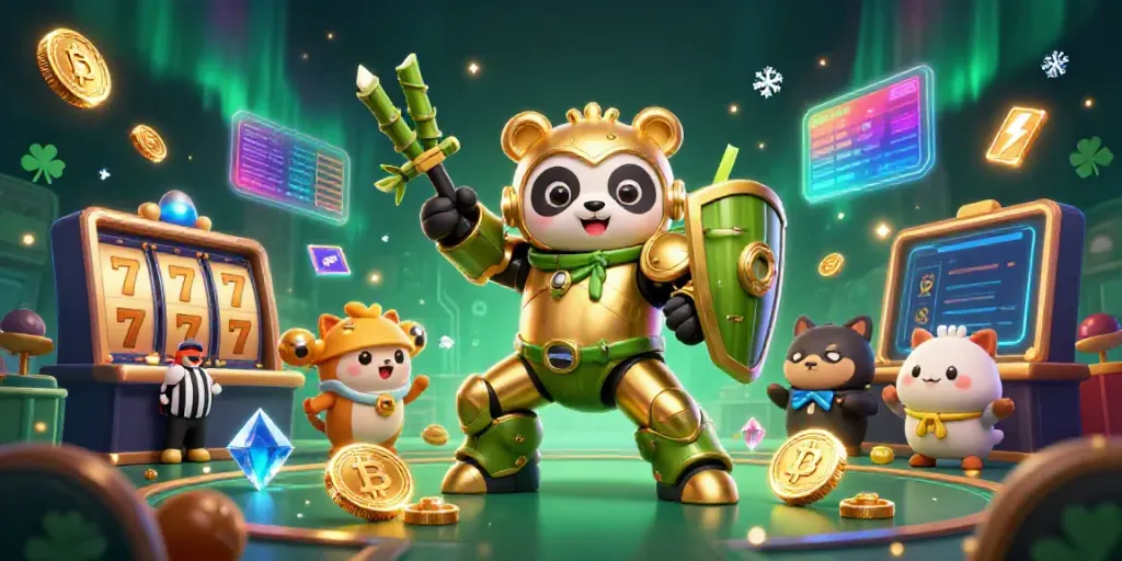 Experience an exciting casino duel with a golden panda mech-suit battling under neon lights.
