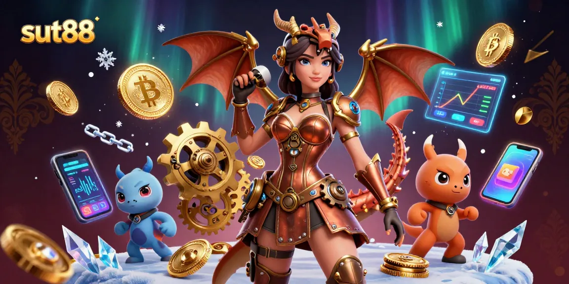 Experience the excitement of sut88 with vibrant 3D casino elements featuring cryptocurrency coins and steampunk characters.