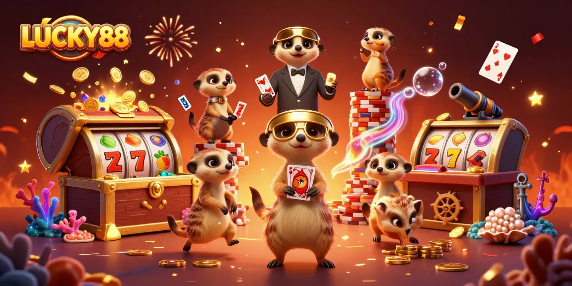 Experience big wins in LUCKY88 with a vibrant cartoon scene of meerkats running a bustling casino.