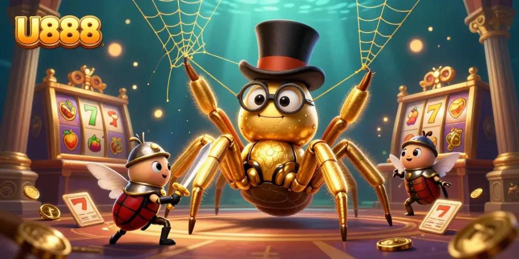 U888 visuals showcase slot reels and a brave beetle knight in a vibrant casino setting.