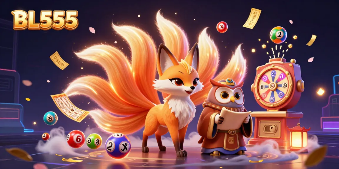 Experience vibrant gaming at BL555 with a magical fox spirit and owl sage amidst colorful prizes.