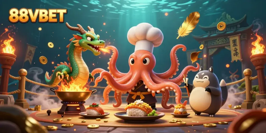 Engaging scene showcasing 88VBET characters, a sushi chef octopus and a dragon, celebrating diverse casino games.