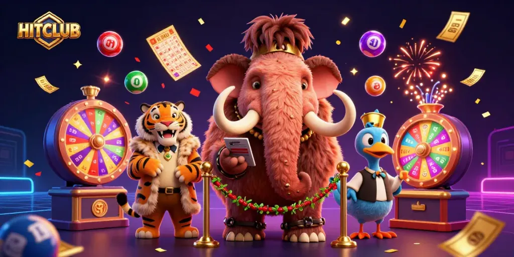 Experience excitement at HITCLUB with vibrant lottery elements and lively casino characters in a dynamic scene.