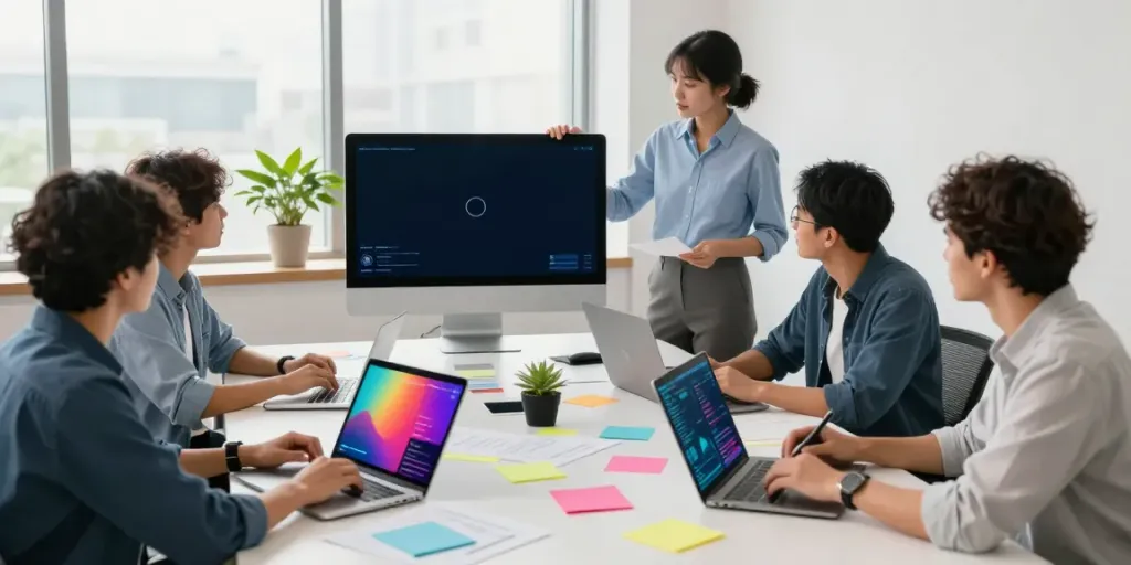 Engagement strategies for Instagram followers with a diverse marketing team analyzing data and metrics in a modern office.