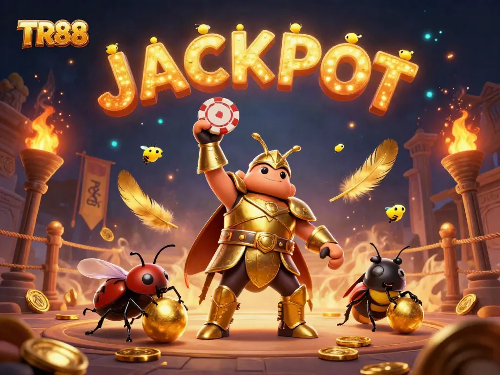 TR88 themed casino scene featuring a victorious beetle with winning poker chips and dynamic elements.