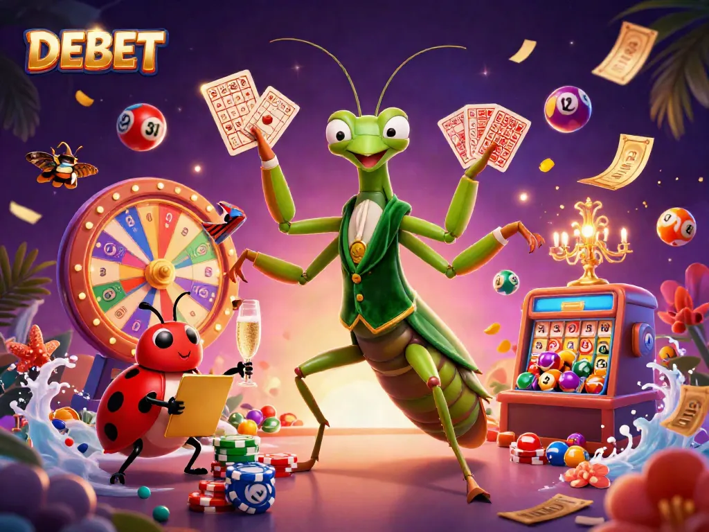 Engage with DEBET's thrilling gaming experience featuring a giant mantis and ladybug in a colorful casino setting.