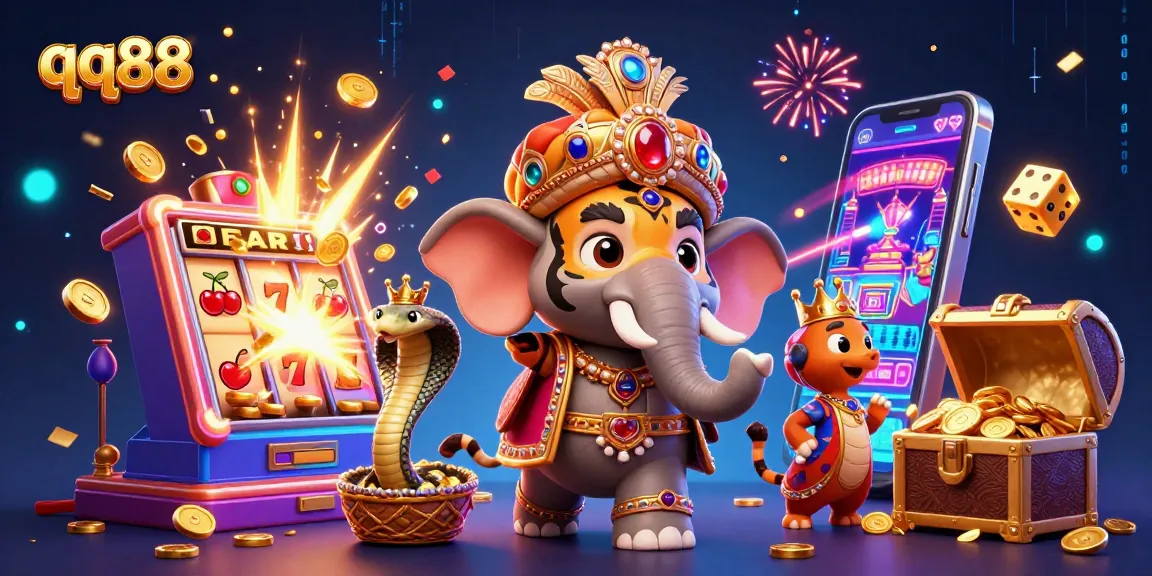 Experience the thrill of qq88 with vibrant casino games in a dynamic 3D illustration featuring a majestic maharaja and slot machines.