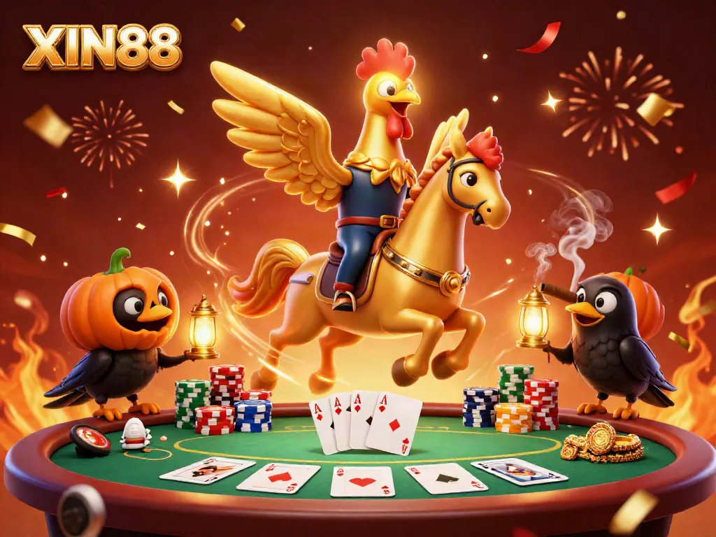 Engage with the vibrant world of XIN88 where a golden rooster rides through a bustling midnight casino.