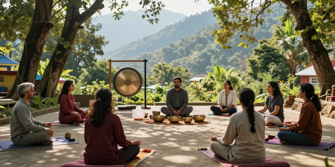 Sound healing course in Rishikesh India with instructor guiding meditation using Tibetan singing bowls amidst serene nature.