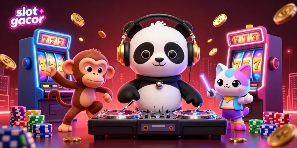 Watch the engaging casino scene with DJ panda and friends as they enjoy slot gacor excitement amidst vibrant colors and glowing elements.