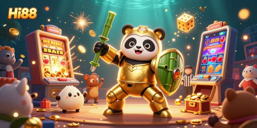 Experience Hi88's vibrant casino scene with golden panda and explosive slot machine action.