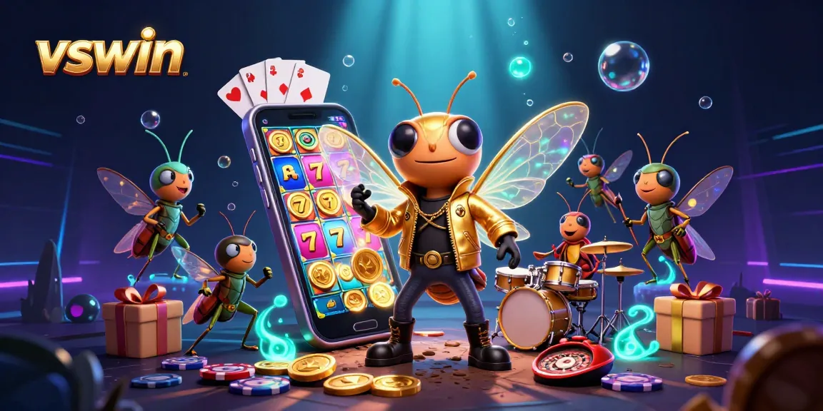 Spin and win at vswin with a vibrant 3D casino scene featuring a rock star cicada and dynamic game elements.