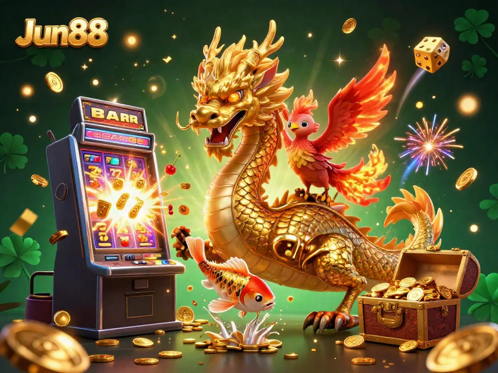 Engage with Jun88's thrilling experience through a vibrant 3D scene featuring a dragon and phoenix amidst casino gold.