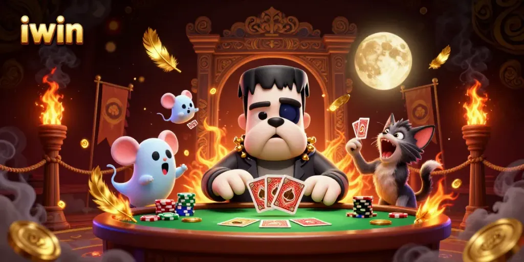 Join the excitement at iwin as the Franken-bulldog deals cards amidst rich casino elements.
