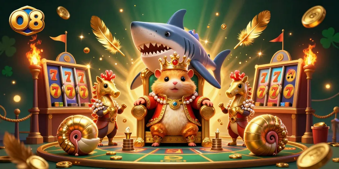 O8's fierce golden hamster king rules the vibrant casino arena with slot machines and gold coins.