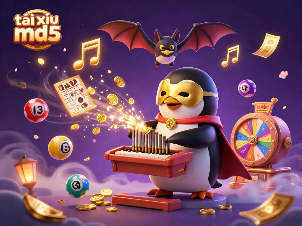Tai xỉu md5 game featuring a 3D penguin organ player surrounded by lottery elements and coins.