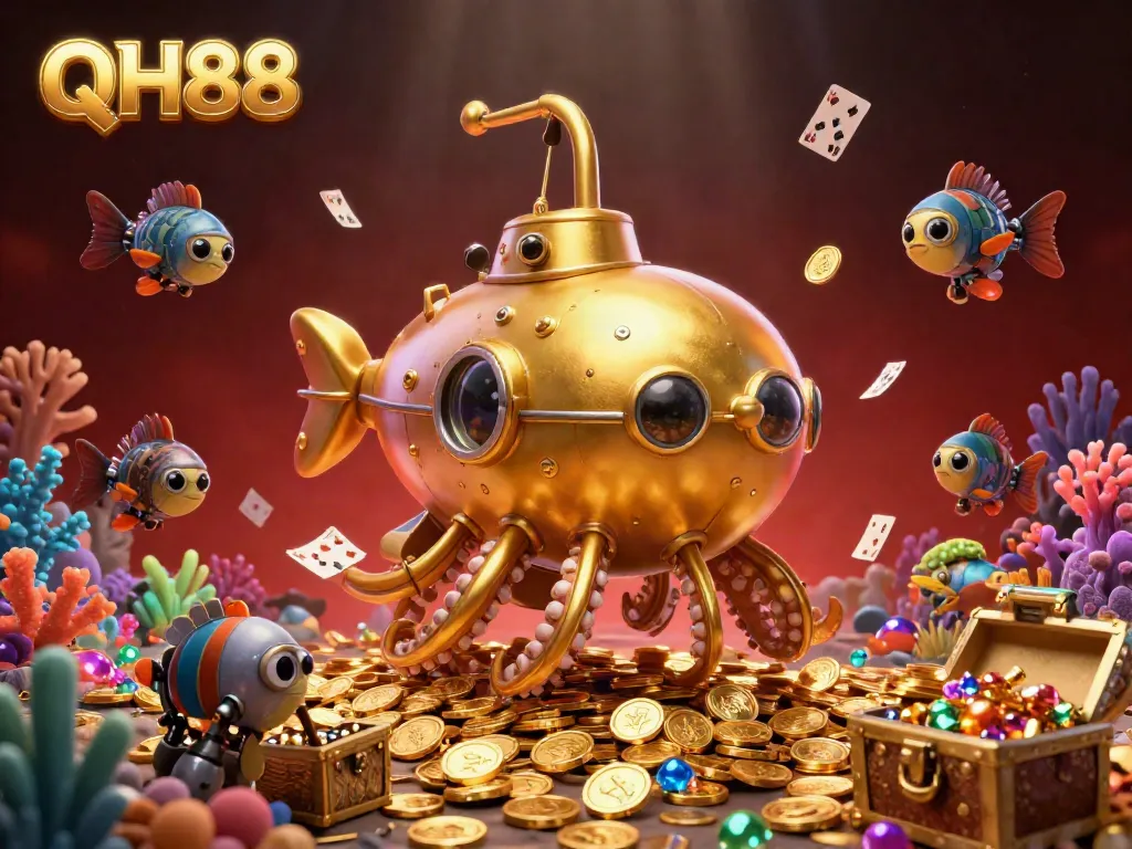 Join QH88's thrilling underwater adventure with a golden kraken submarine surrounded by treasure.