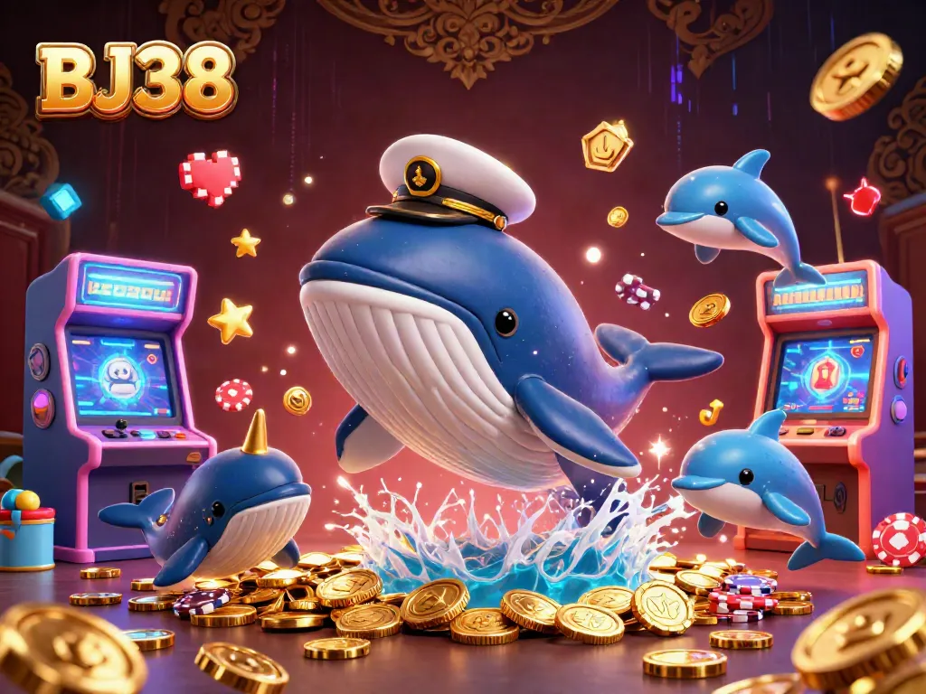Experience the thrill of BJ38 casino with a vibrant scene filled with playful dolphins and treasure.
