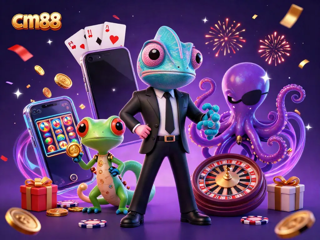 Experience the thrill of cm88 with a vibrant 3D casino scene filled with action and color.