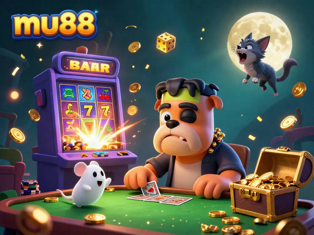 Experience thrilling gameplay at mu88 with a cartoon bulldog dealer and lively casino action.