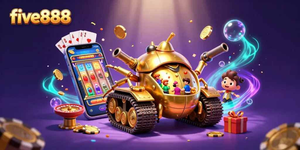 Experience thrilling games at five888 with the golden beetle tank showcasing a casino inside, surrounded by dynamic slot elements.
