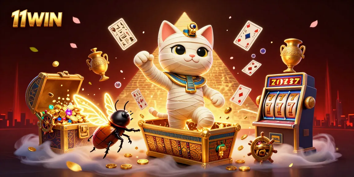Engage with 11WIN in a vibrant casino scene featuring a mummy cat and golden treasures.