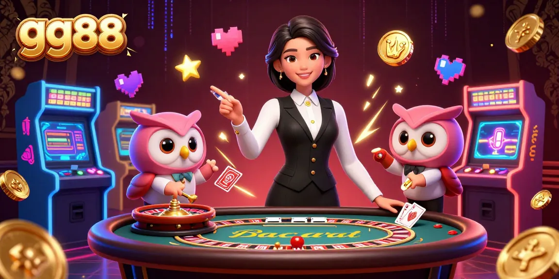Experience the excitement of gg88 with an Asian dealer and a charming owl assistant at a luxurious casino table.