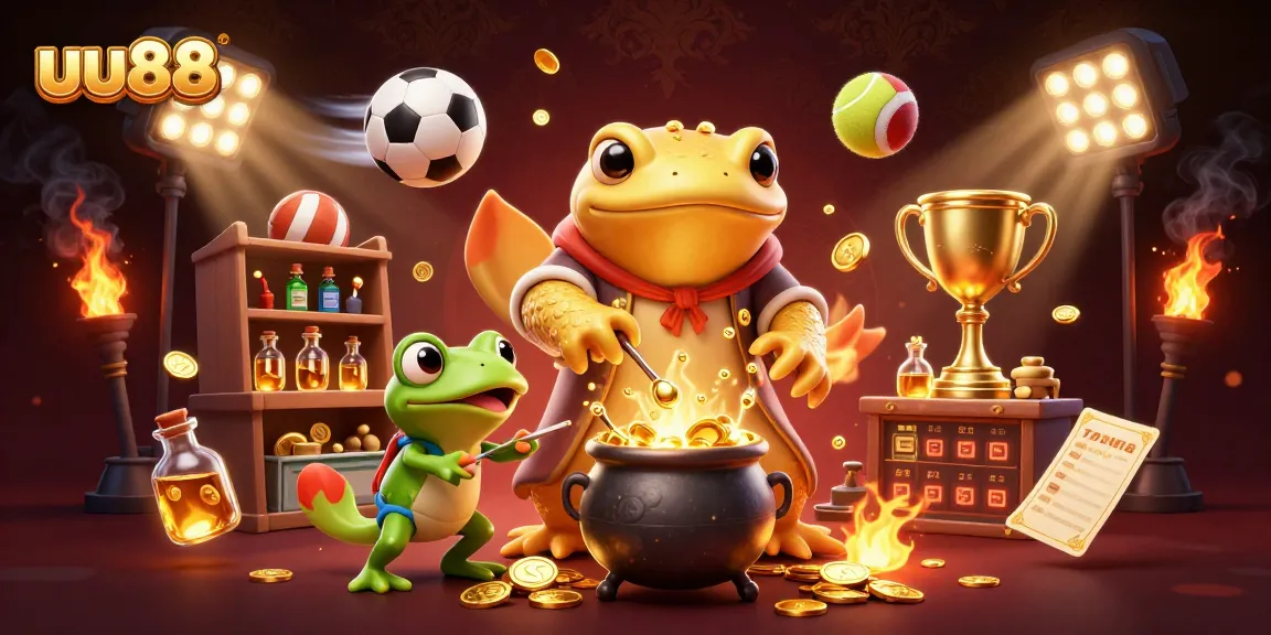 Experience uu88's vibrant casino scene with golden coins and dynamic sports elements in action.