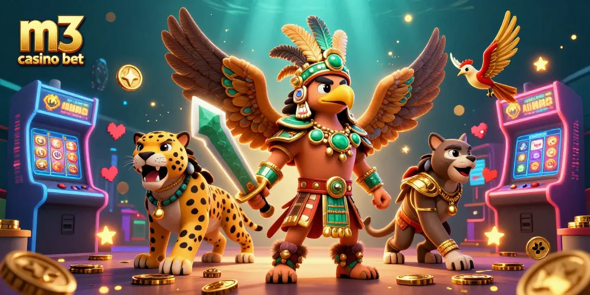 Engage in thrilling gameplay with m3 casino bet, featuring 3D Aztec warriors and vibrant casino elements.