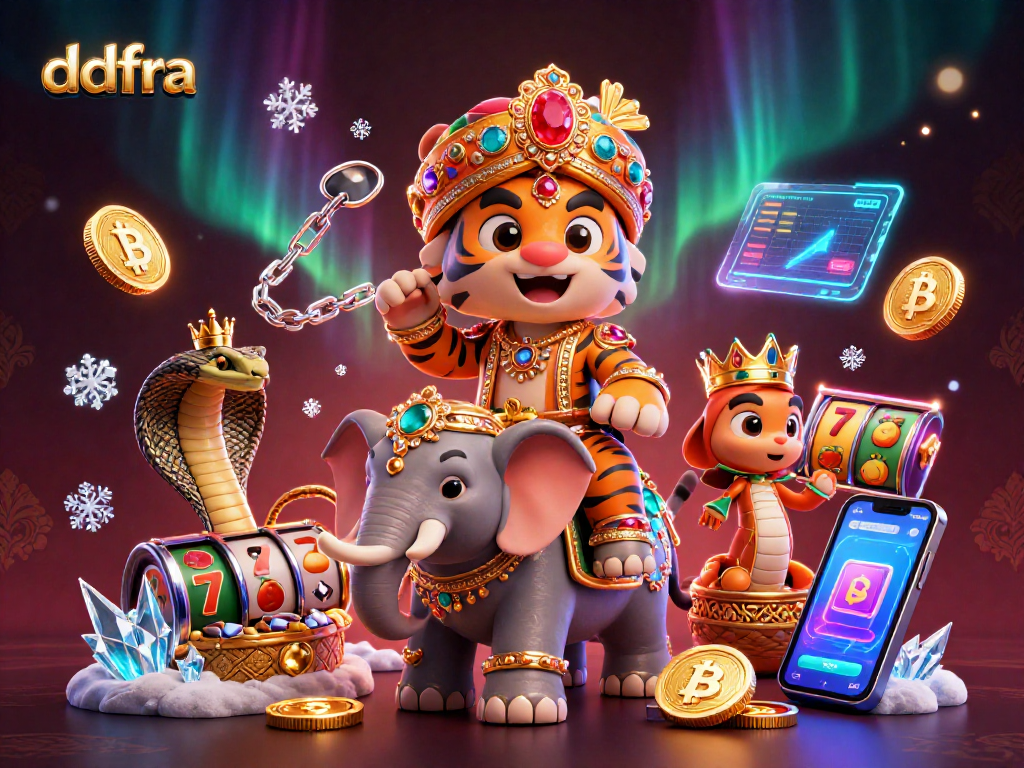ddfra showcases an energetic casino scene with a maharaja tiger, elephant, and cobra, featuring vibrant slot reels and crypto coins.