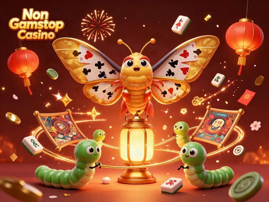 Immerse in the vibrant energy of a Non Gamstop Casino with a playful 3D cartoon atlas moth amidst captivating golden casino elements.
