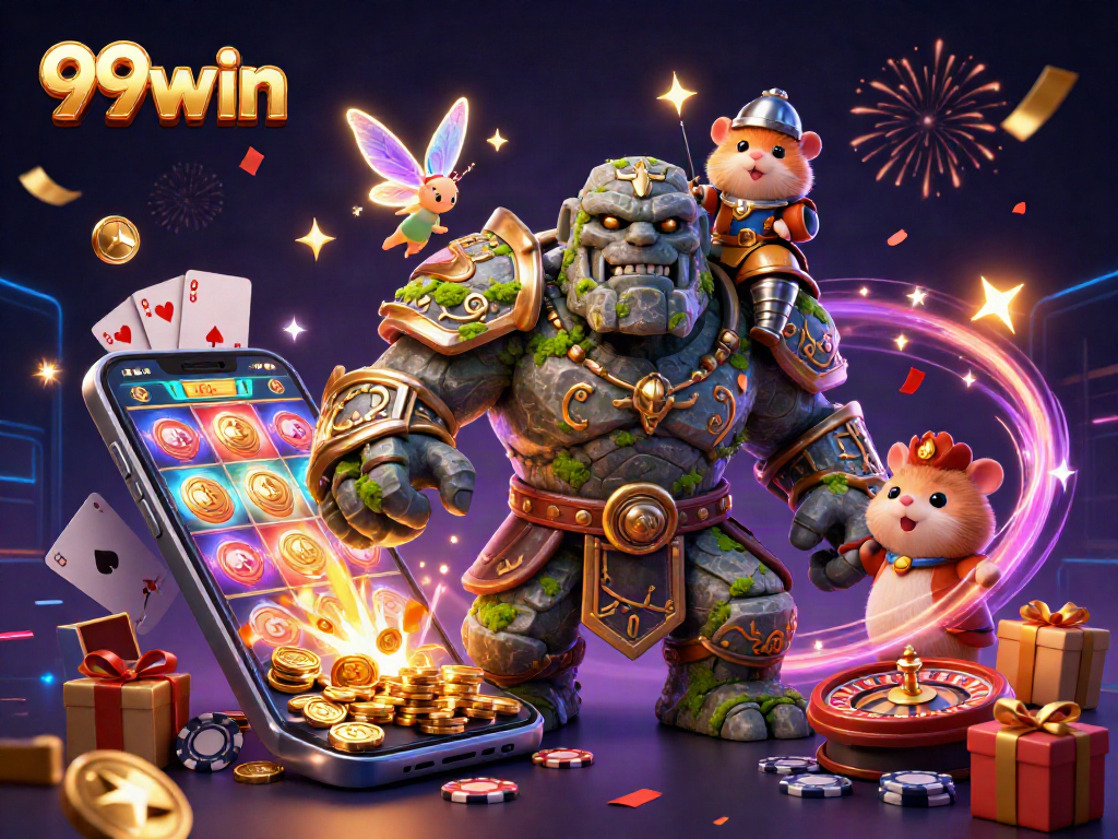 Experience thrilling slots gameplay with 99win's magical scene featuring a golem, fairy, and knight.
