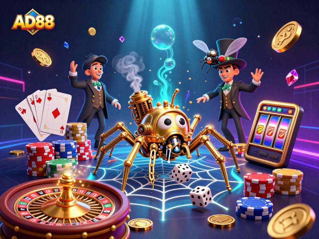 Experience excitement at AD88 with a dynamic steampunk casino illustration showcasing vibrant games.