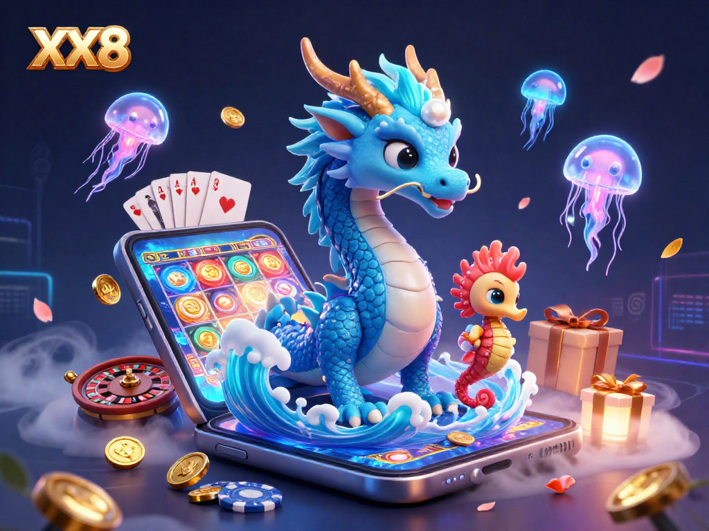 Experience the excitement of XX8 with a vibrant 3D casino scene featuring animated characters and gambling elements.