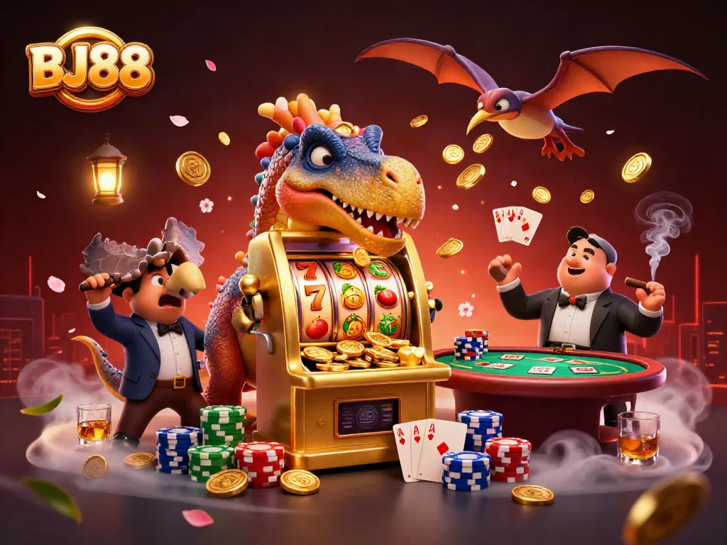 Explore the vibrant energy of BJ88 with characters celebrating jackpot wins amidst a dynamic casino environment.
